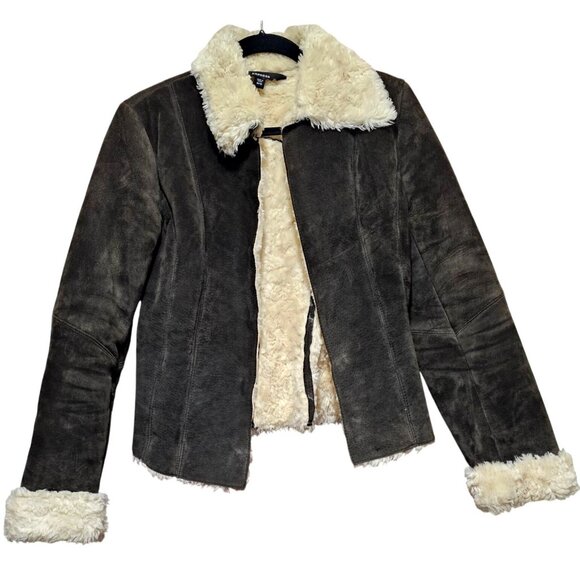 Express Women's Brown Suede Jacket With Faux Shearling Lining Size 9/10 Warm & S - Picture 3 of 11